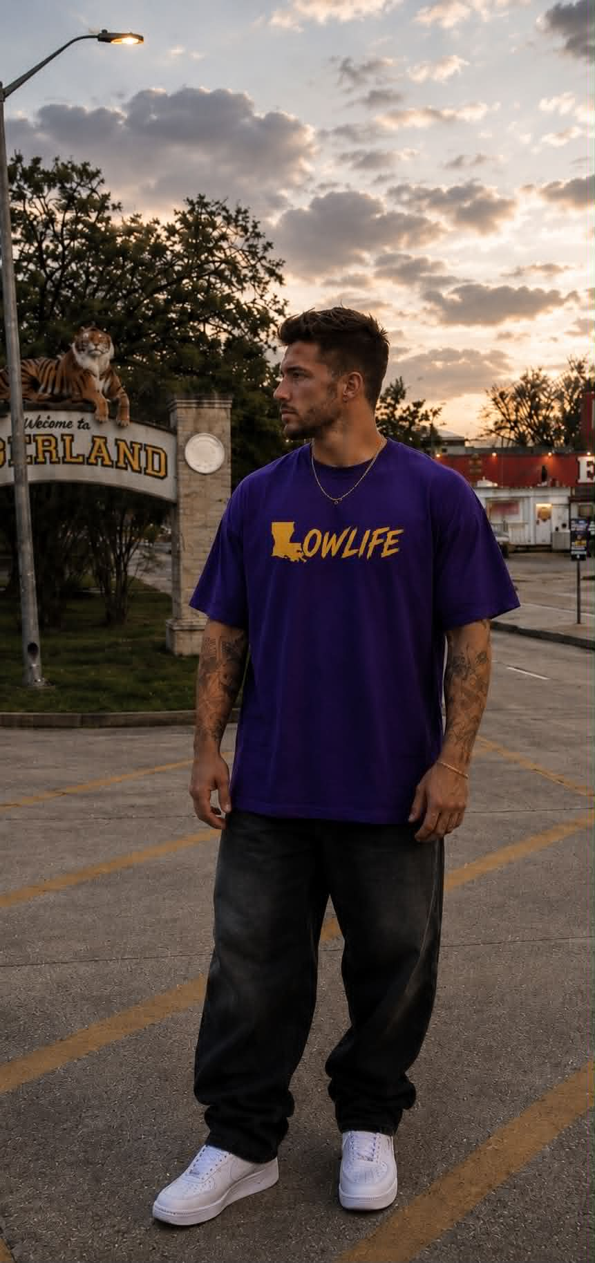 LOWLIFE Purple & Gold Tee — Louisiana graphic tee from Second Line Clothing