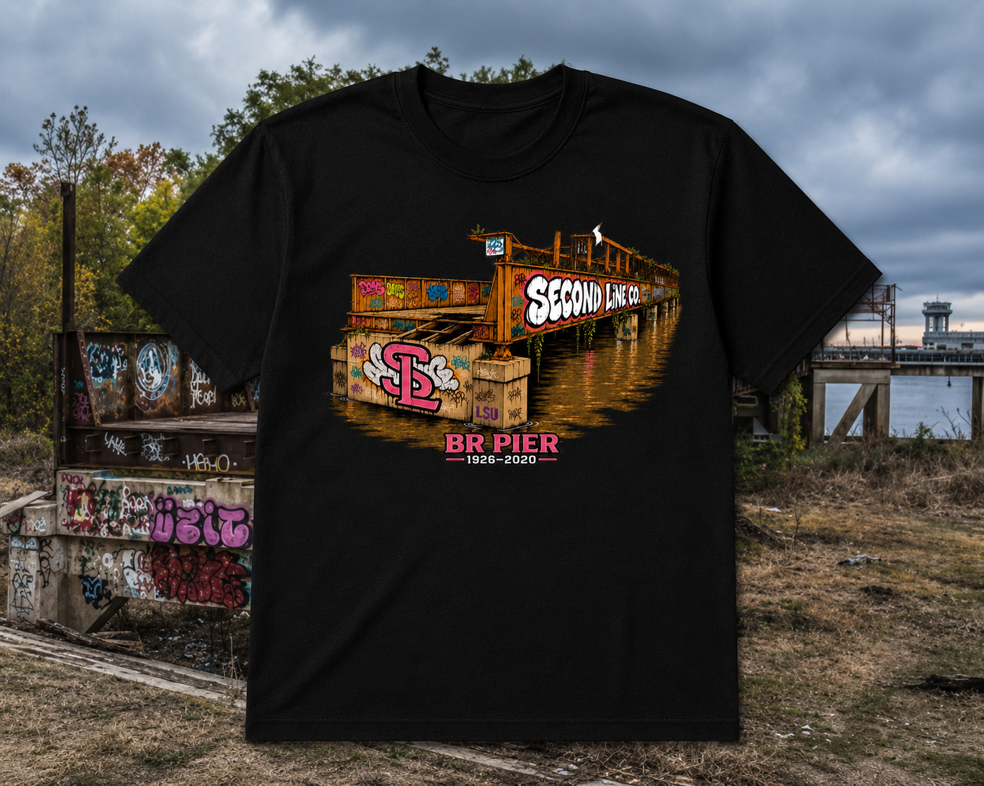 Black The Pier Tee — Louisiana graphic tee from Second Line Clothing