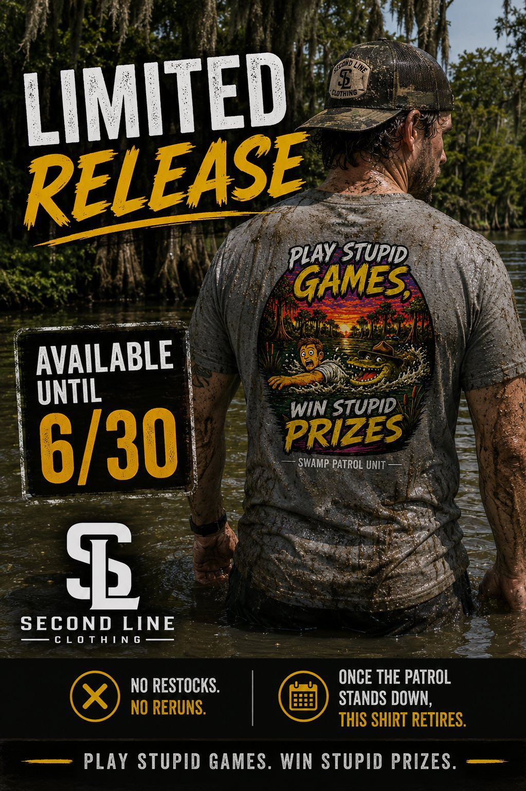 Graphite Heather Play Stupid Games, Win Stupid Prizes | Swamp Patrol Unit Tee — Louisiana graphic tee from Second Line Clothing