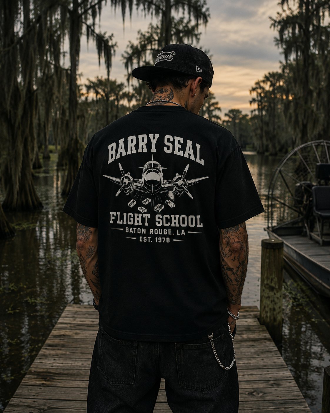 Barry Seal Flight School Black Tee — Louisiana graphic tee from Second Line Clothing